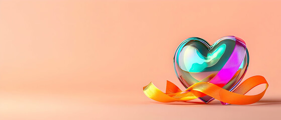 Poster - Colorful Iridescent Heart With Ribbon On Pastel Background