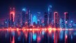 © paukan - Neon cityscape, waterfront reflection, night, futuristic, urban, digital art, advertising