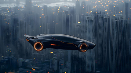 Poster - Futuristic Flying Vehicle Over Night Cityscape