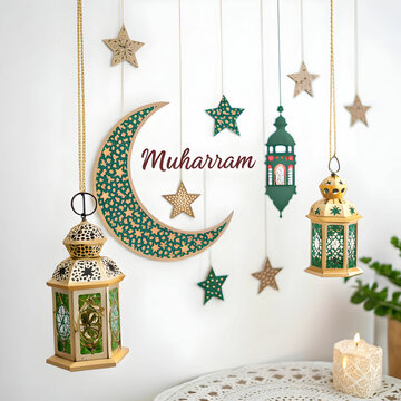Islamic New Year (Muharram) is depicted isolated on a white background, featuring traditional Islamic motifs, crescent moon, and calligraphy