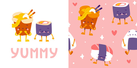 Wall Mural - cute asian food pattern set. seamless vector print collection with asian food.