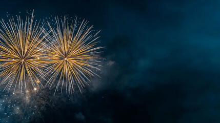 twin fireworks exploding against a moody blue sky, perfect for celebration banners or night festival