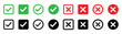© Rajon - check mark icon button set. check box icon with right and wrong buttons and yes or no checkmark icons in green tick box and red cross