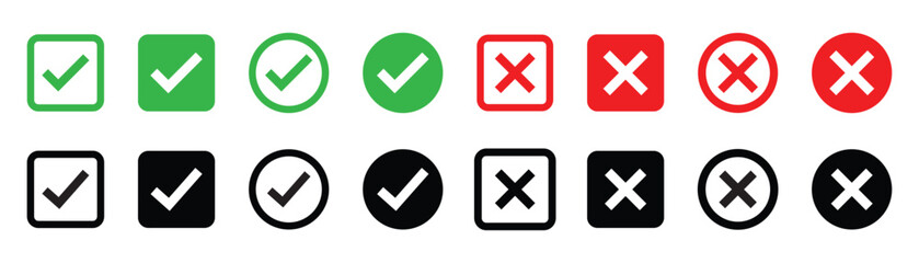 Poster - check mark icon button set. check box icon with right and wrong buttons and yes or no checkmark icons in green tick box and red cross