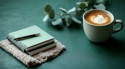 Leinwandbilder - Flat lay on deep green surface with notebook stack, pen, coffee cup, and eucalyptus accents for serene minimalist workspace aesthetic