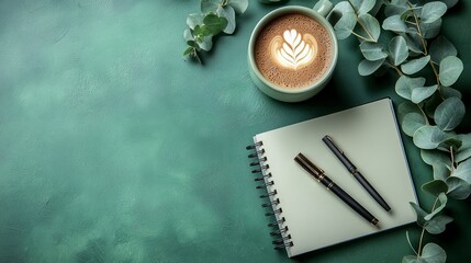Leinwandbilder - Flat lay on deep green surface with notebook stack, pen, coffee cup, and eucalyptus accents for serene minimalist workspace aesthetic
