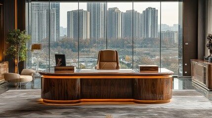 Poster - Flat lay-style image of an executive desk in rich wood finish, centrally placed in a panoramic glass-walled CEO suite