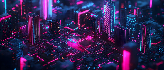 Poster - Abstract Futuristic Cyberpunk Cityscape With Neon Lights