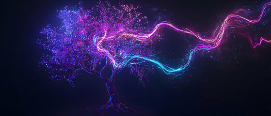 Poster - Abstract Glowing Tree of Particles in Neon Colors
