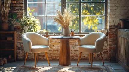Poster - Top view of cozy office corner with compact table, two chairs, dried plant decor, and large window bringing in daylight