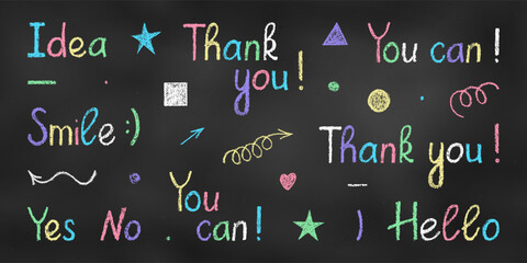 Wall Mural - Children's Chalk Drawn Sketch. Set of Design Elements Colorful Words and Figures Isolated on Chalkboard Backdrop.