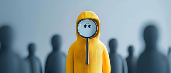 Poster - Yellow Hooded Figure With Magnifying Glass Amidst Blurred People