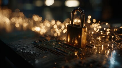 Poster - The image depicts a padlock glowing on a circuit board with orange and blue illumination