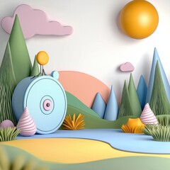 Poster - Whimsical Pastel Landscape with Circular Object and Stylized Mountains
