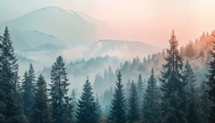 Naklejka na meble a serene landscape of evergreen forests nestled among misty mountains under a soft pastel sky.