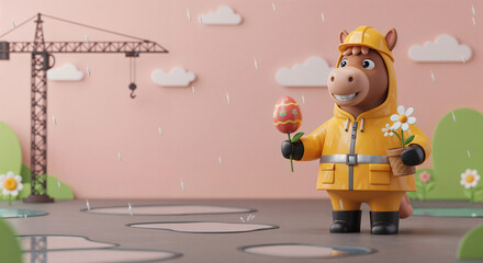 Poster - Horse in a builder's costume with Easter eggs on the background of a construction site, symbol of the year . Generative AI