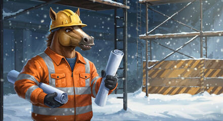Poster - Horse in a builder's costume on a New Year's background, symbol of the year . Generative AI