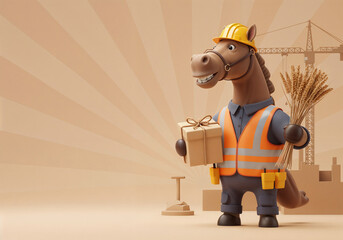 Poster - A horse in a builder's suit with a bouquet of wheat against the background of a construction site, a symbol of the year . Generative AI