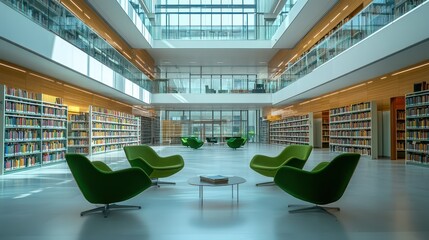 Wall Mural - Modern library atrium; bookshelves, seating, sunlight, reading