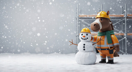 Poster - Horse in a builder's costume makes a snowman on a snowy background, symbol of the year . Generative AI