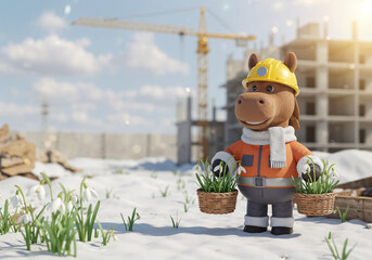 Poster - Horse in a builder's suit with snowdrops on the background of a construction site, symbol of the year . Generative AI