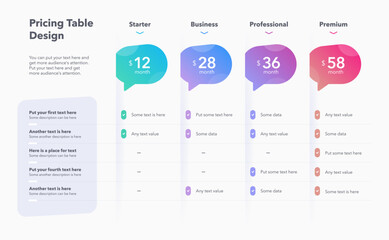 Poster - Pricing table template for four subscription plans or services. Flat infographic design for website marketing or promotion.