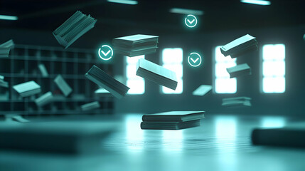 Poster - Floating Teal Gray Book Shaped Objects With Checkmarks In Modern Design