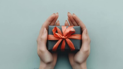 Poster - Woman's hands gently holding a beautifully wrapped gift box adorned with a vibrant red ribbon, presented against a soft pastel blue backdrop