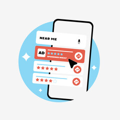 Poster - Near me search strategy concept featuring location-based search, local SEO, exploring nearby places and local business seo optimization. Isolated on white background flat design vector illustration