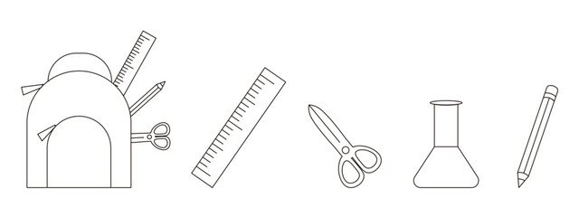 set doodle school supplies isolated transparent background. simple black outline school element vect
