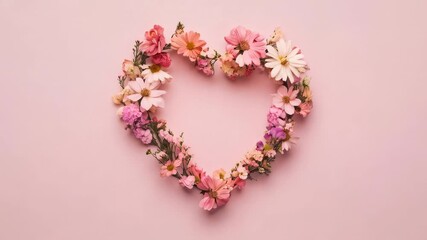 Poster - Pink and white flowers forming six heart shapes on a solid pink background, creating a beautiful and romantic visual perfect for mother's day celebrations