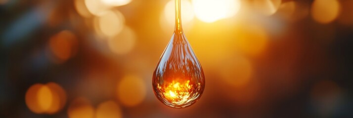 Wall Mural - Golden Liquid Drop Hanging, Sunlight Bokeh Background, Abstract Nature Macro Photography
