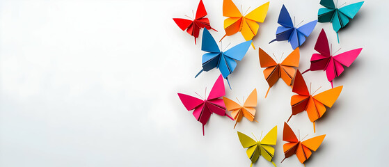 Poster - Colorful Origami Butterfly Display On White Background