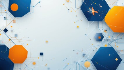 Canvas Print - abstract geometric background with blue and orange hexagons and dynamic lines in digital design