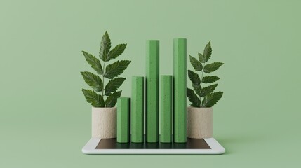 Poster - Green Growth Concept with Chart and Plants on Tablet Showing Progress and Sustainability in Business Environment