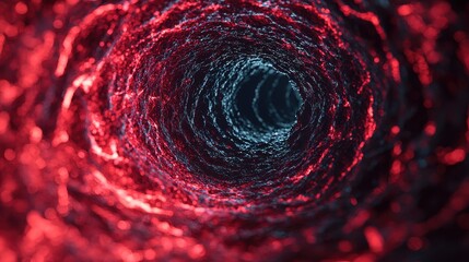 Poster - Dynamic abstract tunnel of swirling red and blue light in digital space, creating mesmerizing depth and movement