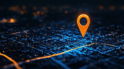 Poster - High-Tech Map Pin Icon in a Night Cityscape with Bright Lights and Digital Effects