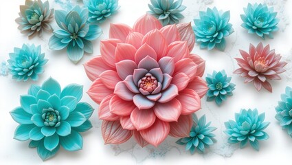 Wall Mural - colorful arrangement of succulent plants in shades of pink and blue on a white background