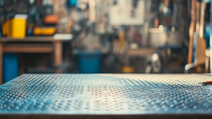 Poster - The image features a blank metal tabletop with blurred tools and automotive parts behind it