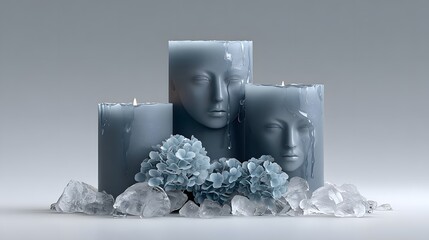 Poster - Surreal still life of melting candles with faces carved into the wax, glowing eyes, eerie yet elegant composition, fine art photography, hyper-detailed textures, dramatic lighting
