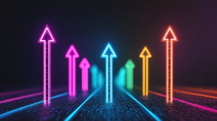Poster - Vibrant Neon Arrows Projecting Upward in Dark Space Indicating Growth and Progress with a Futuristic Feel