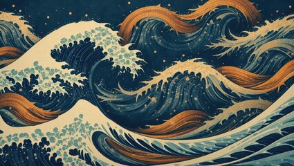 Canvas Print - dynamic abstract waves in rich blues and gold tones evoking ocean motion and energy