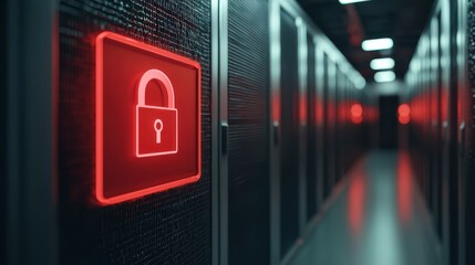 Poster - Red Security Lock Icon Illuminating Data Center Corridor with Server Racks in Background