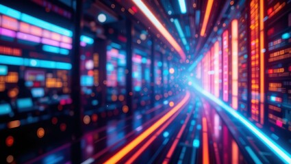Wall Mural - Futuristic Data Network Tunnel with Neon Lights and Colorful Lines in a Digital Environment