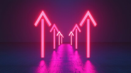 Poster - Neon Upward Arrows Against Dark Background with Reflections on Floor for Directional Guidance and Motivation