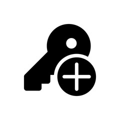 Poster - A black key icon with a circular plus sign indicating adding a new key or access with a white background