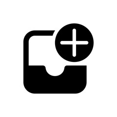 Poster - Black icon of a rounded square tray with a semicircular cutout and a plus sign in a circle above it