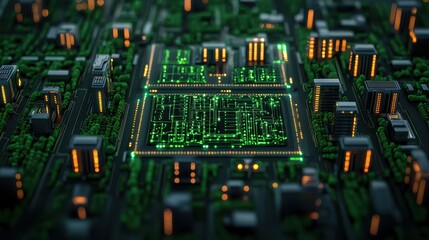 Poster - Digital cityscape with glowing circuitry and green lights reflecting technology and innovation in smart urban design
