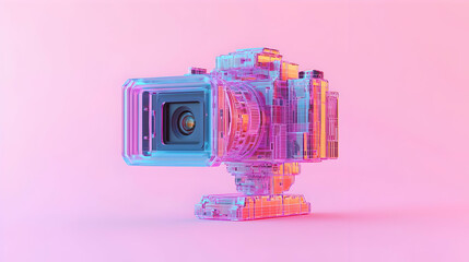 Poster - Abstract Pixelated 3D Camera Design On Pink Background