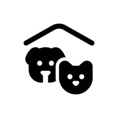 Poster - Black and white illustration of a dog and a cat under a roof representing pet care and animal shelter icon